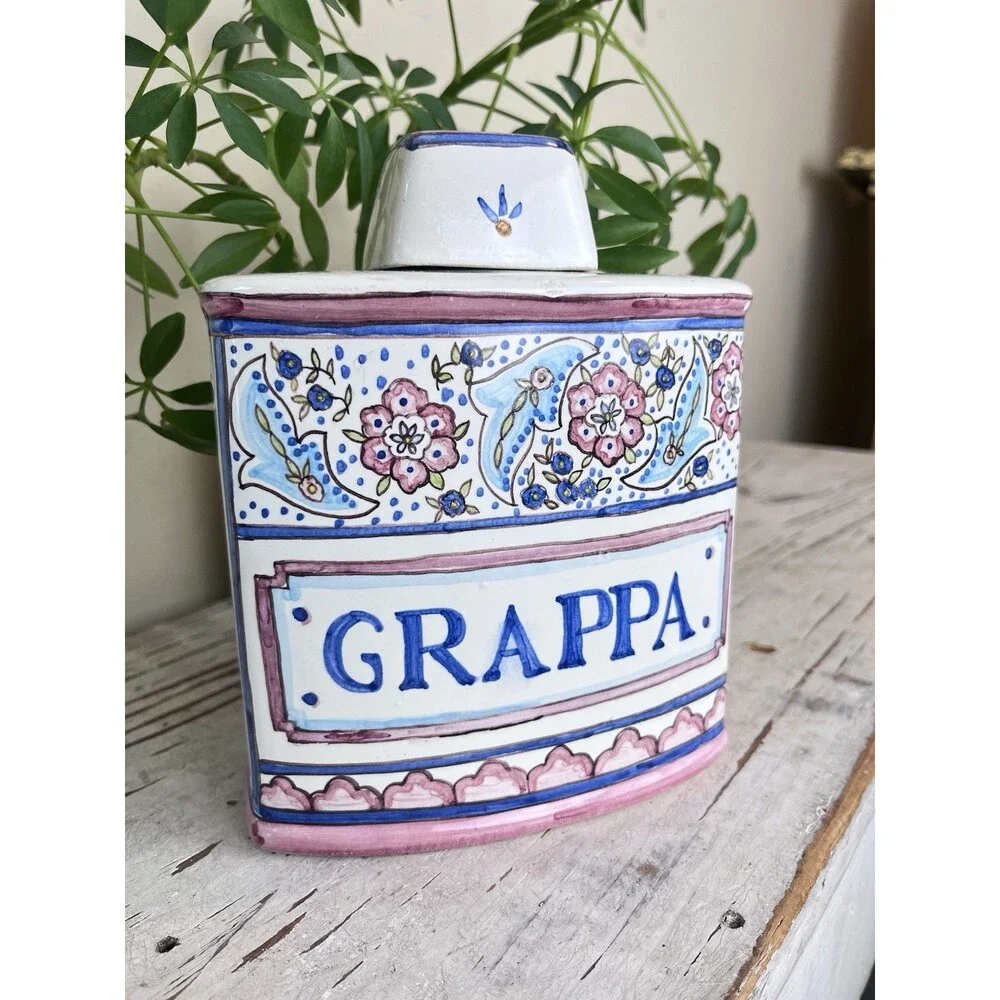 Vintage Hand Painted Italian Pottery Grappa Decanter W/Lid / Italy Home Bar 7”
